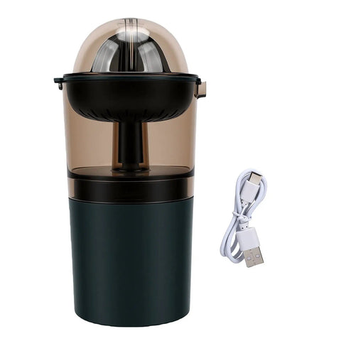 Asixxsix Portable Electric Citrus Juicer In Dark Green 400ml Cordless Handheld Fruit Press Machine With Built In Pulp Filter, top view with USB cable.