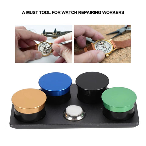 Stainless Steel Watch Oil Dip Tool With Lid Four Eye Oil Dish for precision lubrication, showcasing watch repair application.