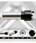 High Performance Water Cooled Spindle Equipped With Automatic Tool Change System And ISO20 Retainer, showing front, side, top, and bottom views.