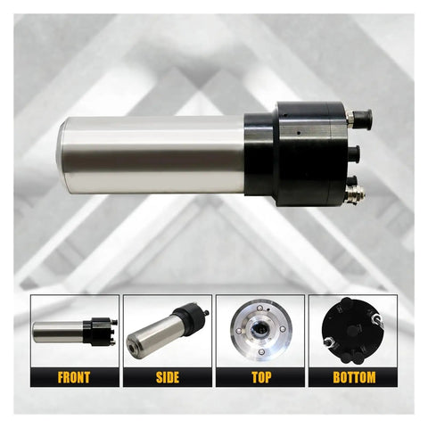 High Performance Water Cooled Spindle Equipped With Automatic Tool Change System And ISO20 Retainer, showing front, side, top, and bottom views.