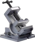 Heavy Duty 4 Inch Precision Milling Vise With Tilting Guide Rod And Adjustable Angle Bench Clamp For Metalworking Jobs And Surface Grinder Work Dead On Accuracy, gray metal construction with adjustable clamping.