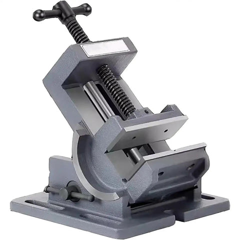 Heavy Duty 4 Inch Precision Milling Vise With Tilting Guide Rod And Adjustable Angle Bench Clamp For Metalworking Jobs And Surface Grinder Work Dead On Accuracy, gray metal construction with adjustable clamping.