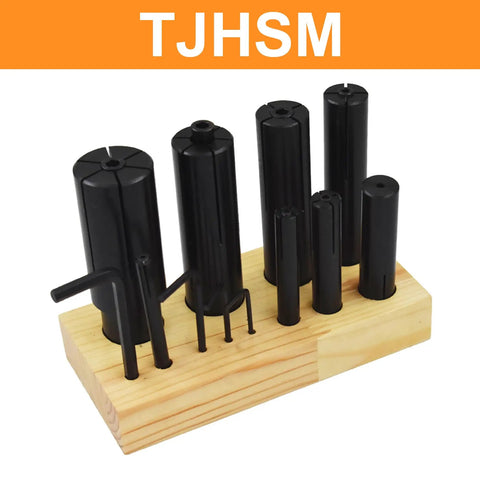 8 Piece Expanding Arbors Set For Lathe And Milling Machines One Quarter Inch To One And One Quarter Inch Capacity Mandrels Built To Last With A Workhorse Grip For Ring Mandrel Work And Smooth Tight Fits, black metal arbors on wooden base