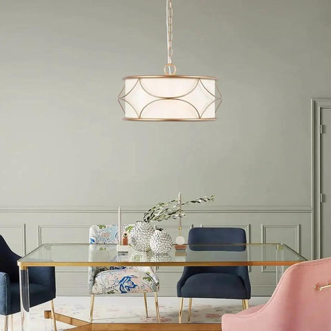 Gold Drum Pendant Chandelier Light Fixture With White Fabric Shade, 4 Light Modern Chandelier over glass dining table