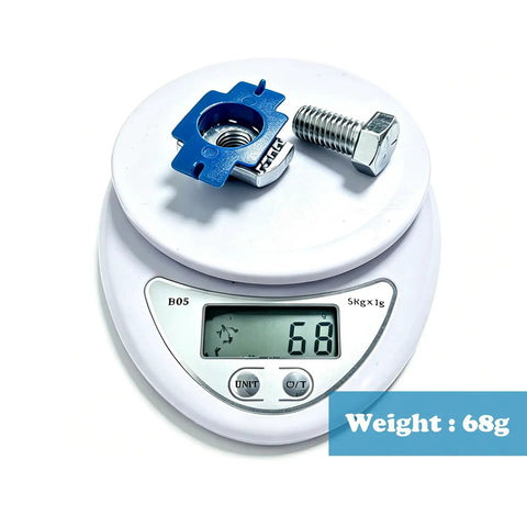 Half Inch Thirteen Thread Strut Channel Nuts And Hex Bolts With Blue Plastic Wing Twist Lock Tabs on scale showing 68g weight.