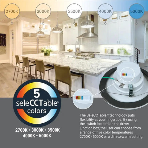 5 Inch And 6 Inch Led Recessed Can Trim Retrofit Kit With Switchable Cct Temperatures Dimmable Six Hundred Lumens in modern kitchen setting.