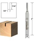 No-Nonsense Straight Router Bit With 1/8 Inch Cutting Diameter And 1/4 Inch Shank beside a wood block showing groove dimensions.