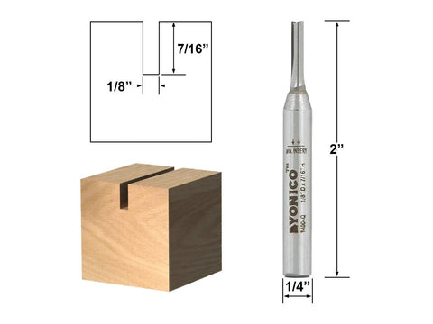 No-Nonsense Straight Router Bit With 1/8 Inch Cutting Diameter And 1/4 Inch Shank beside a wood block showing groove dimensions.