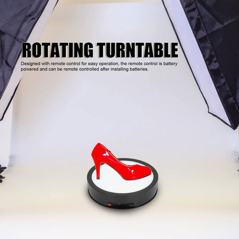 Huge 360 Degree Electric Rotating Turntable Stand With Remote Control And Adjustable Speed Plus Colorful LED Lighting For Pro Product Photography Videos And Live Streams Using USB Power showcasing a shiny red high heel shoe on a rotating platform.