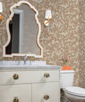 Top Shelf Rustic Botanical Vinyl Wallpaper With Subtle Leather Texture Heavy Duty Wallcovering bathroom setting, beige with botanical design.