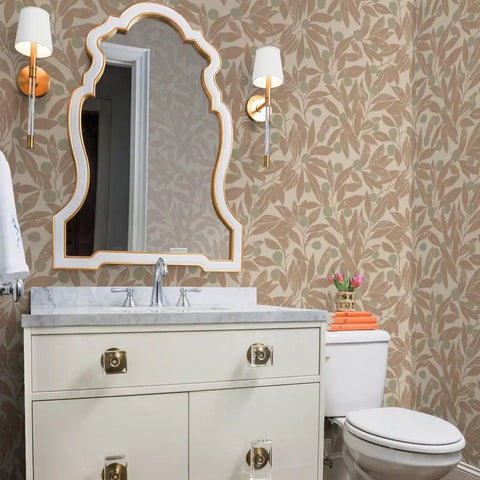 Top Shelf Rustic Botanical Vinyl Wallpaper With Subtle Leather Texture Heavy Duty Wallcovering bathroom setting, beige with botanical design.