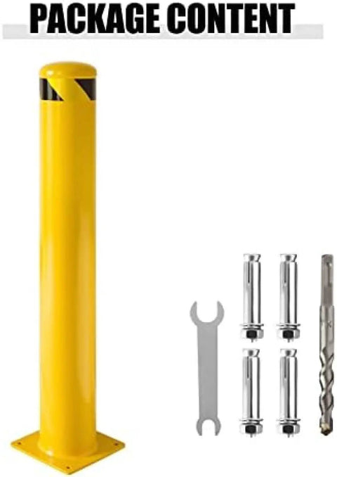 Rock Solid Steel Safety Bollard Heavy Duty Four Pack 48 Inch Tall Bright Yellow Traffic Posts With 4.5 Inch Diameter Pipe Design for installation accessories.