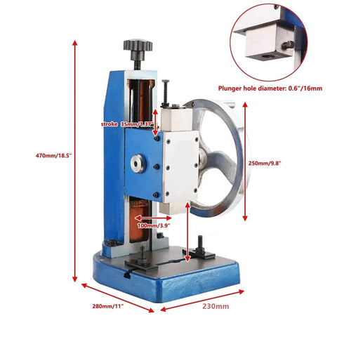 Premium Desktop Manual Arbor Press With Heavy Duty Cast Iron Frame For Precision Stamping Punching And Bearing Installation, side view with dimensions highlighted.