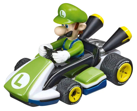 Luigi car from Carrera First Nintendo Mario Kart Slot Car Race Track Set With Mario And Luigi Two Cars Dual Controllers Battery Powered Newbie Friendly Racing Toy For Kids Ages 3 And Up Easy Start Line Driving Fun For Small Racers