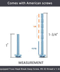 Measurement diagram of equipped truss head break away screw with #8-32 thread size and lengths of 1 inch and 1-3/4 inches