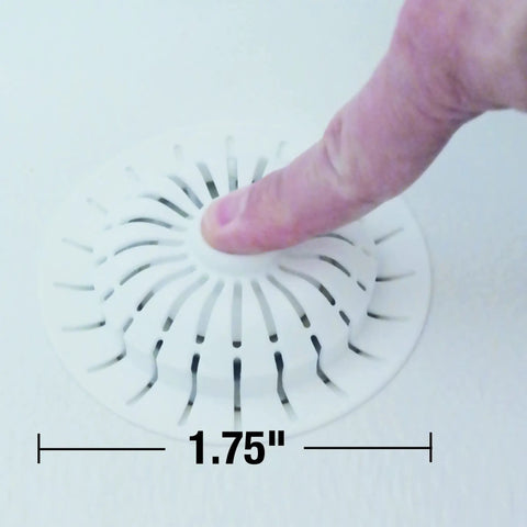 Universal Bathroom Hair Catcher Strainer With Suction Cup For Tub Drains, 1.75 inches diameter, white, being pressed