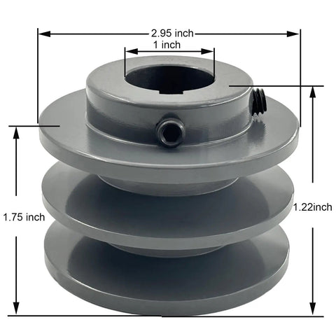 Beefy Double Groove V Belt Pulley With 1 Inch Bore And 2.95 Inch OD Cast Iron For A AX B BX 4L 5L V Belts 2 Groove Sheave With 1/4 x 1/8 Keyseat And Two Screws, measurements displayed.