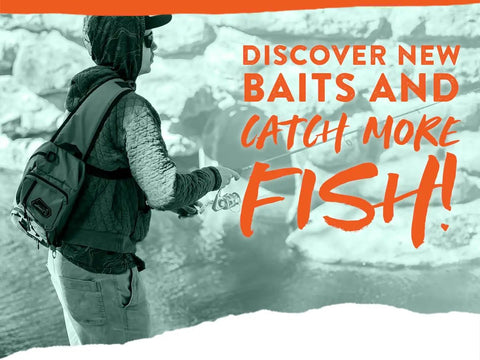 Angler with Mystery Tackle Box Pond Prowler Sling Fishing Lure Kit Green Sling Pack by a river, text about new baits and fishing tips.