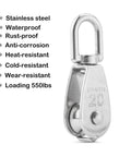 Set Of 10 Pro Grade Heavy Duty Stainless Steel Swivel Pulley Blocks For Wire Rope 7mm, single pulley block shown with 550 lb load