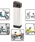 Heavy Duty Electric Bike Lithium Battery Storage Case Compatible With 36 Volt And 48 Volt Packs, Spacious Interior Bay Sizing 10 Point 43 By 3 Point 70 Inches, Dead Simple Setup And Boss Level Security For Street Cruising displayed with various electric bikes.
