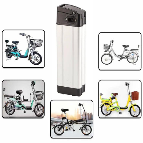 Heavy Duty Electric Bike Lithium Battery Storage Case Compatible With 36 Volt And 48 Volt Packs, Spacious Interior Bay Sizing 10 Point 43 By 3 Point 70 Inches, Dead Simple Setup And Boss Level Security For Street Cruising displayed with various electric bikes.