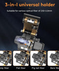 3-in-1 universal holder for optical fiber 250-3.0mm, detailed view with length scale and various fiber types.