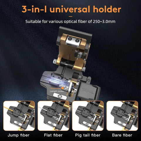 3-in-1 universal holder for optical fiber 250-3.0mm, detailed view with length scale and various fiber types.