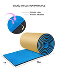 Top Shelf Egg Crate Acoustic Foam Panels For Studio Soundproofing Wall Protection High Density Fire Safe Sound Dampening Tiles With Plug And Play Adhesive Film Blue Three Centimeter Thick Home Podcast Room Vibe rolled out on a floor with dimensions.