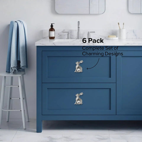Six Pack Bunny Silver Animal Cabinet Knobs For Cabinets Dressers And Closets, Crystal Accented Drawers Pulls with blue dresser