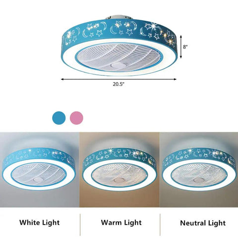 20.5 Inch Drum LED Ceiling Fan Light With 7 Blades Blue For Kid's Room, Modern Acrylic Flush Mount, 3 Color Dimmable
