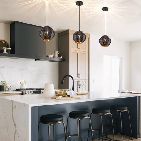 Industrial Vintage Pendant Light With Diamond Geometric Shade In Matte Black Metal hanging over kitchen island.