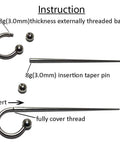 8G 3.0mm 316L Stainless Steel Calor Style Taper Insertion Pin for Stretching Kit Stretcher Body Piercing Tool No Thread Inside Hollow End Concave Taper Perfect for Gauge Expansion from 12g to 8g and 10g to 8g Pro Grade, 8g insertion taper pin with CBR