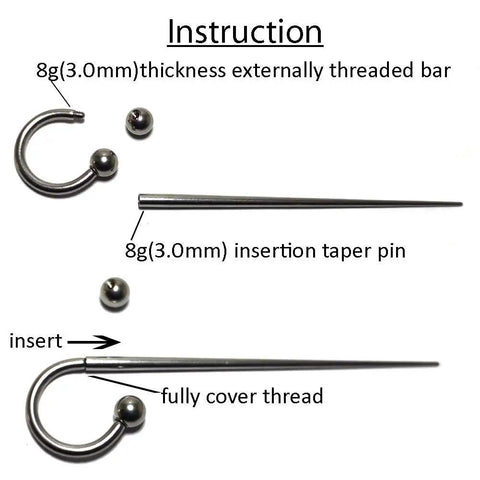 8G 3.0mm 316L Stainless Steel Calor Style Taper Insertion Pin for Stretching Kit Stretcher Body Piercing Tool No Thread Inside Hollow End Concave Taper Perfect for Gauge Expansion from 12g to 8g and 10g to 8g Pro Grade, 8g insertion taper pin with CBR