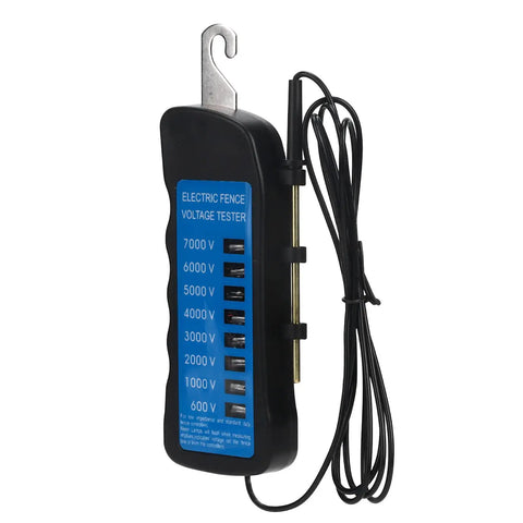 Ranch Ready Heavy Duty Electric Fence Voltage Tester showcasing eight neon readings on a portable device for livestock safety.