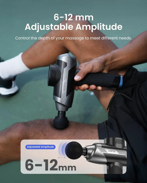 Person using Professional Deep Tissue Percussion Massage Gun With Adjustable Amplitude From Six To Twelve Millimeters on leg