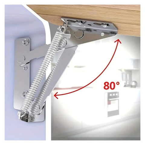 Pair of 80 Degree Sprung Cabinet Door Hinges for Lift-Up Tops Keeps Flap Open Smoothly With Spring Assist mechanism, angle view