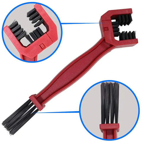 4 Piece Multipurpose Motorcycle And Bicycle Chain And Gear Cleaning Brush Kit with 3 sided bristles, red handle shown