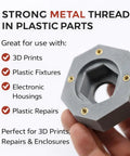 Hand holding plastic part with Heat Set Brass Threaded Inserts for Plastic Kit, knurled nut inserts visible, used in 3D prints.