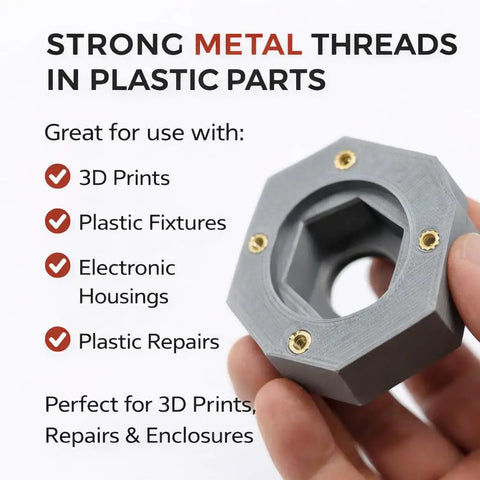 Hand holding plastic part with Heat Set Brass Threaded Inserts for Plastic Kit, knurled nut inserts visible, used in 3D prints.