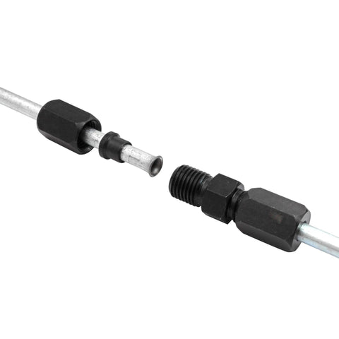 3/16 in high-pressure compression union in black-oxide steel, side view showing threaded ends and tube ferrule