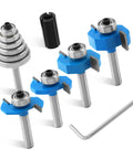 Pack Of 7 Top Notch Carbide Router Bits Set With Ball Bearings For Precision Wood Chamfering And Adjustable Cutting Depths showcasing various router bits and wrench.