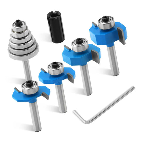 Pack Of 7 Top Notch Carbide Router Bits Set With Ball Bearings For Precision Wood Chamfering And Adjustable Cutting Depths showcasing various router bits and wrench.