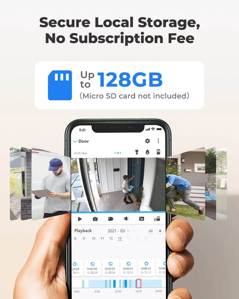 Smartphone displaying Wireless Outdoor Security Camera With Solar Or Battery Power, 2K Night Vision And 3MP Clarity footage, emphasizing local storage up to 128GB.