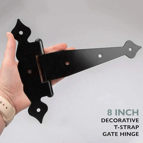 Eight Inch Heavy Duty Hinges For Shed Doors And Barn Doors Pack Of Four Decorative Wood Fence Hinges shown in hand