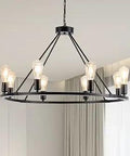 32 Inch 8 Light Farmhouse Wagon Wheel Chandelier Black Metal Industrial Round Ceiling Light Fixture in room setting