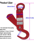 Red 1-ton automatic decoupling lifting hook, thickened alloy steel, front view with top ring and J-hook.