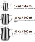 Comparison of three stainless steel pitchers in 12oz, 20oz, and 32oz sizes, each labeled with measurements for coffee portions.