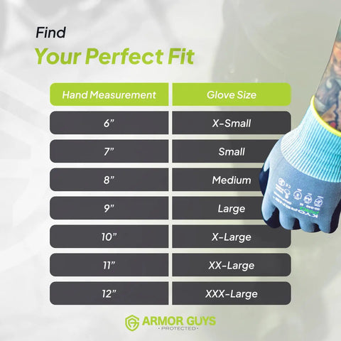 Cut Resistant Work Gloves 00-840 ANSI A4 Graphene Nitrile Coated size chart with glove on hand, highlighting glove fit.