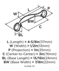 Technical diagram of Oil Rubbed Bronze Cabinet Pull Four And Five Eighths Inch Length With Three Inch Center To Center Mounting measurements
