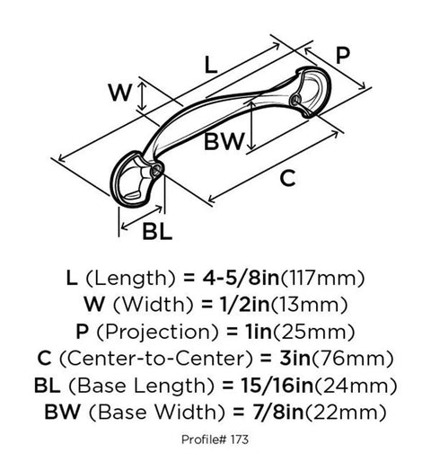 Technical diagram of Oil Rubbed Bronze Cabinet Pull Four And Five Eighths Inch Length With Three Inch Center To Center Mounting measurements